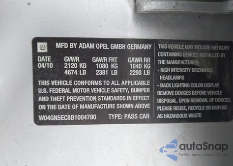 2011 Buick Regal Cxl Russelsheim from USA, damaged, VIN W04GN5EC8B1004790